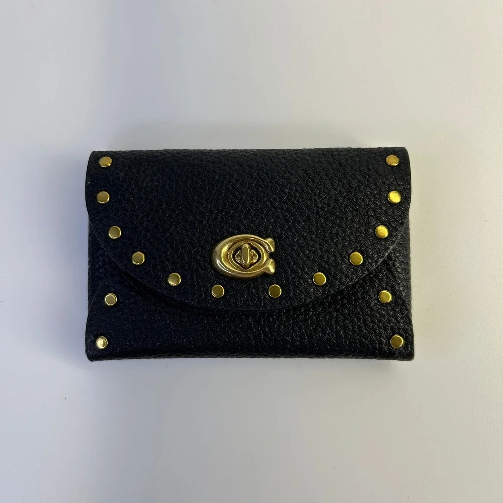 Coach Turnlock Slim Card Case Black Pebbled Leather Rivet Wallet Excellent